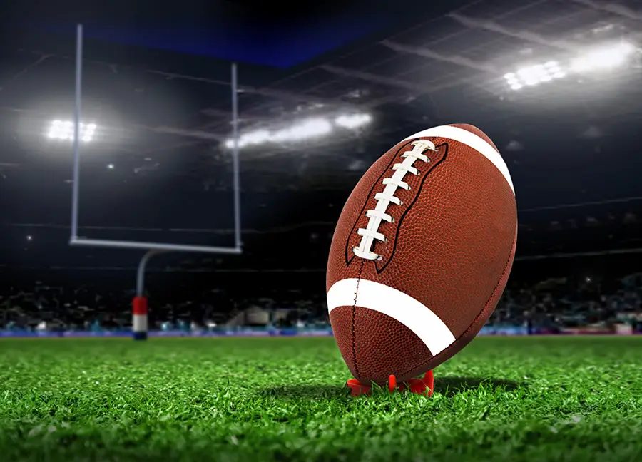 A closeup of a football at the Super Bowl
